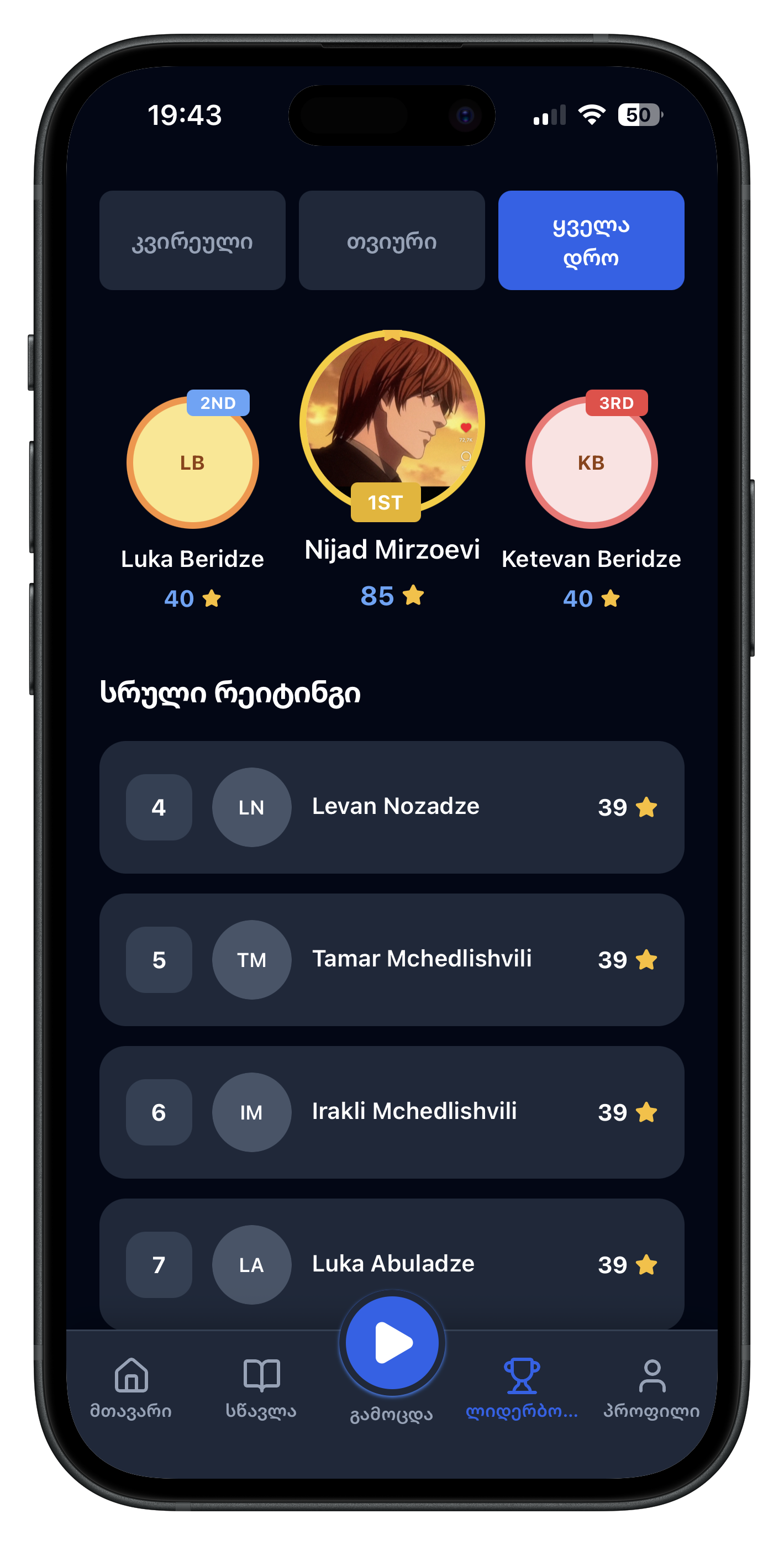 Leaderboard screen